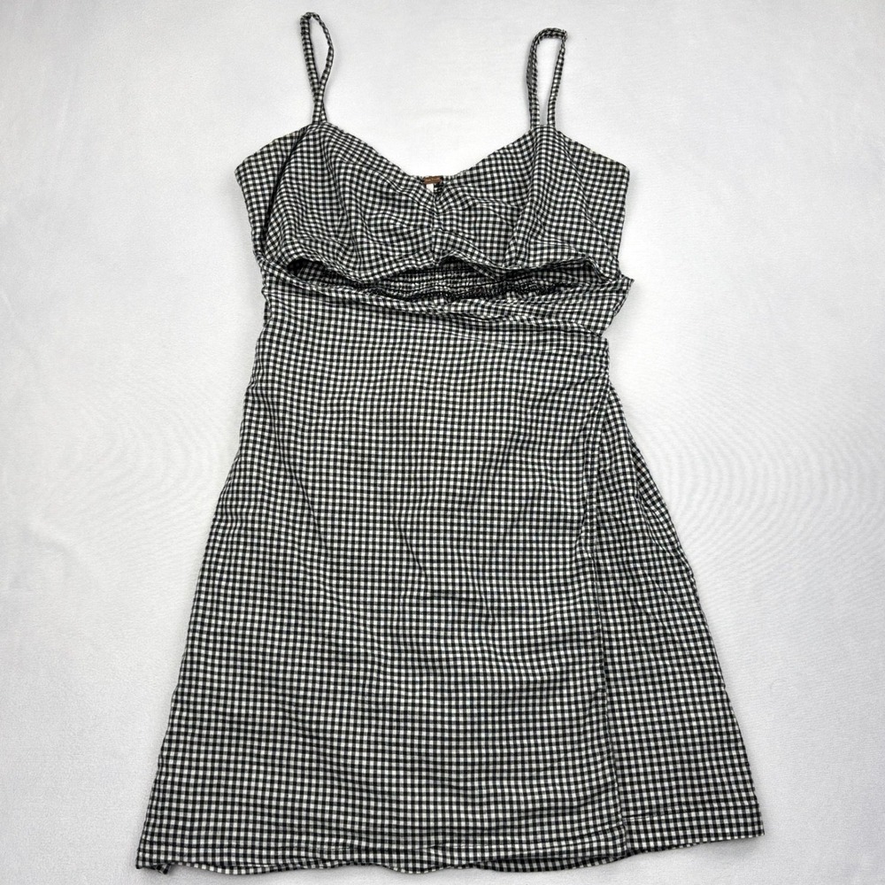Free People Dress Womens XS Black White Gingham Cutout Smocked Cotton Mini Tie